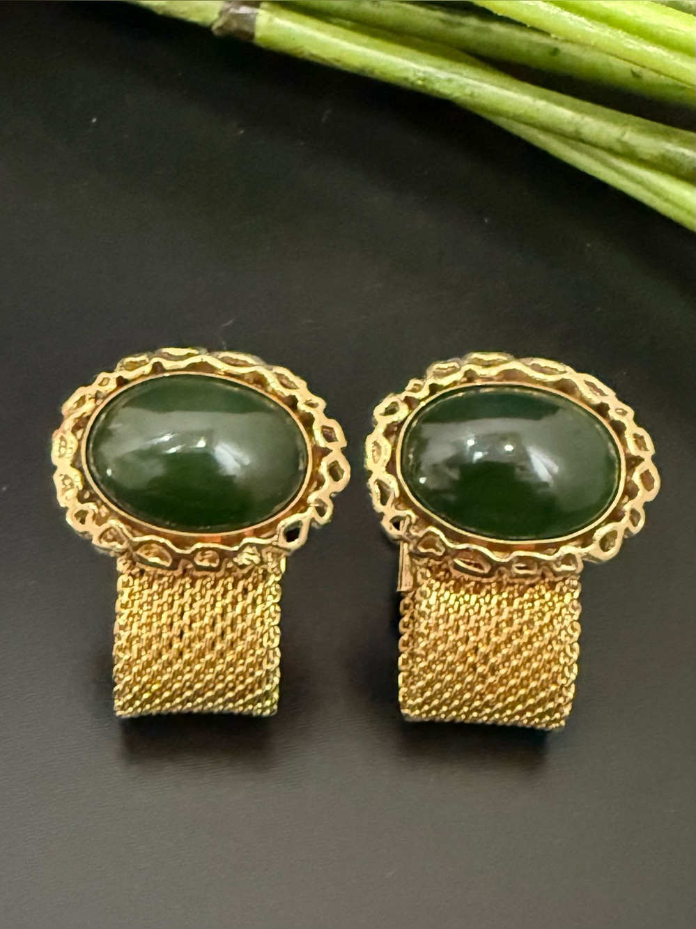 Vintage ANSON Gold-tone Faux Jade Green Stone Cabochon Mesh Cufflinks